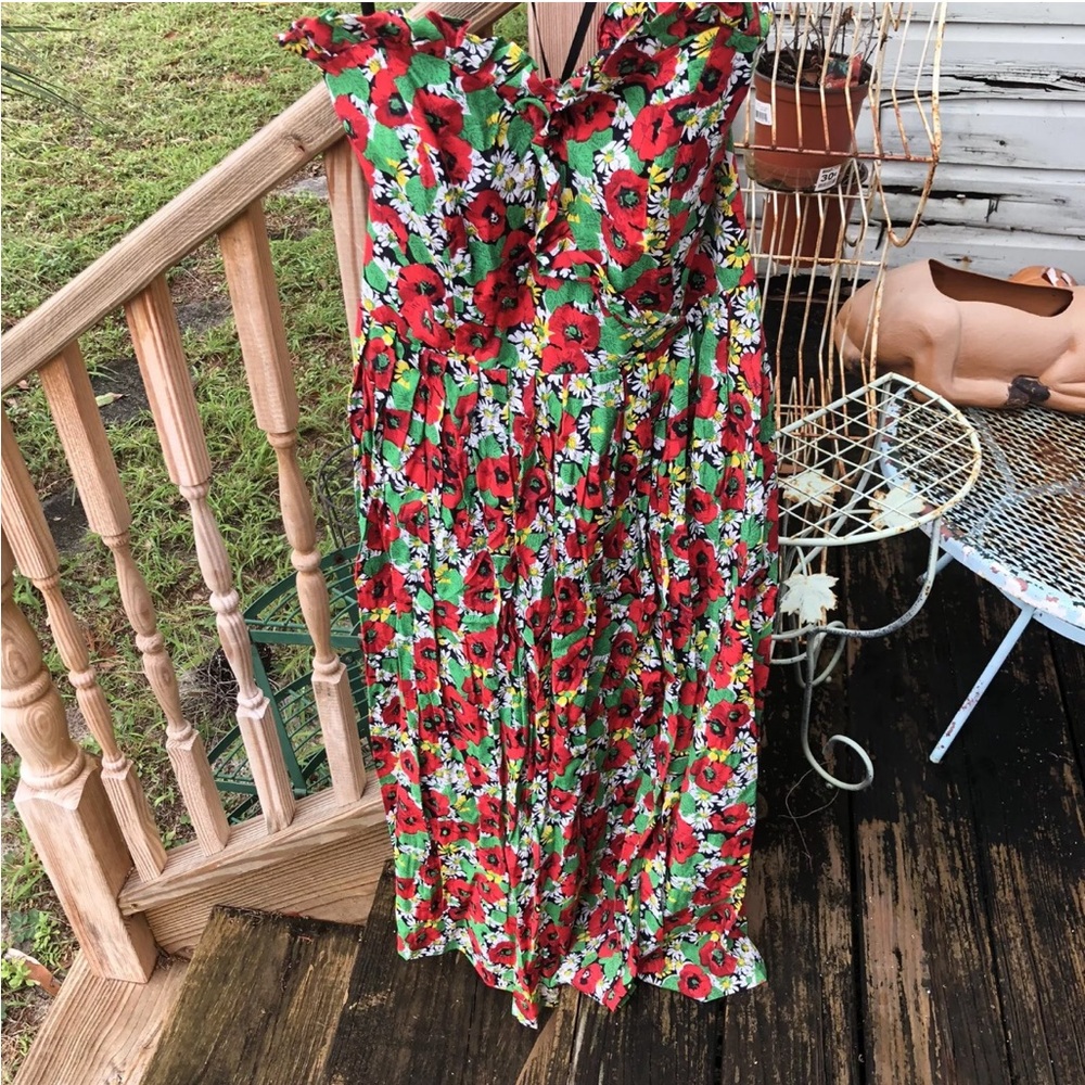 Mondi Floral Maxi Dress 40 Strapless Ruffle Bodice Red Black Green Vintage 80s